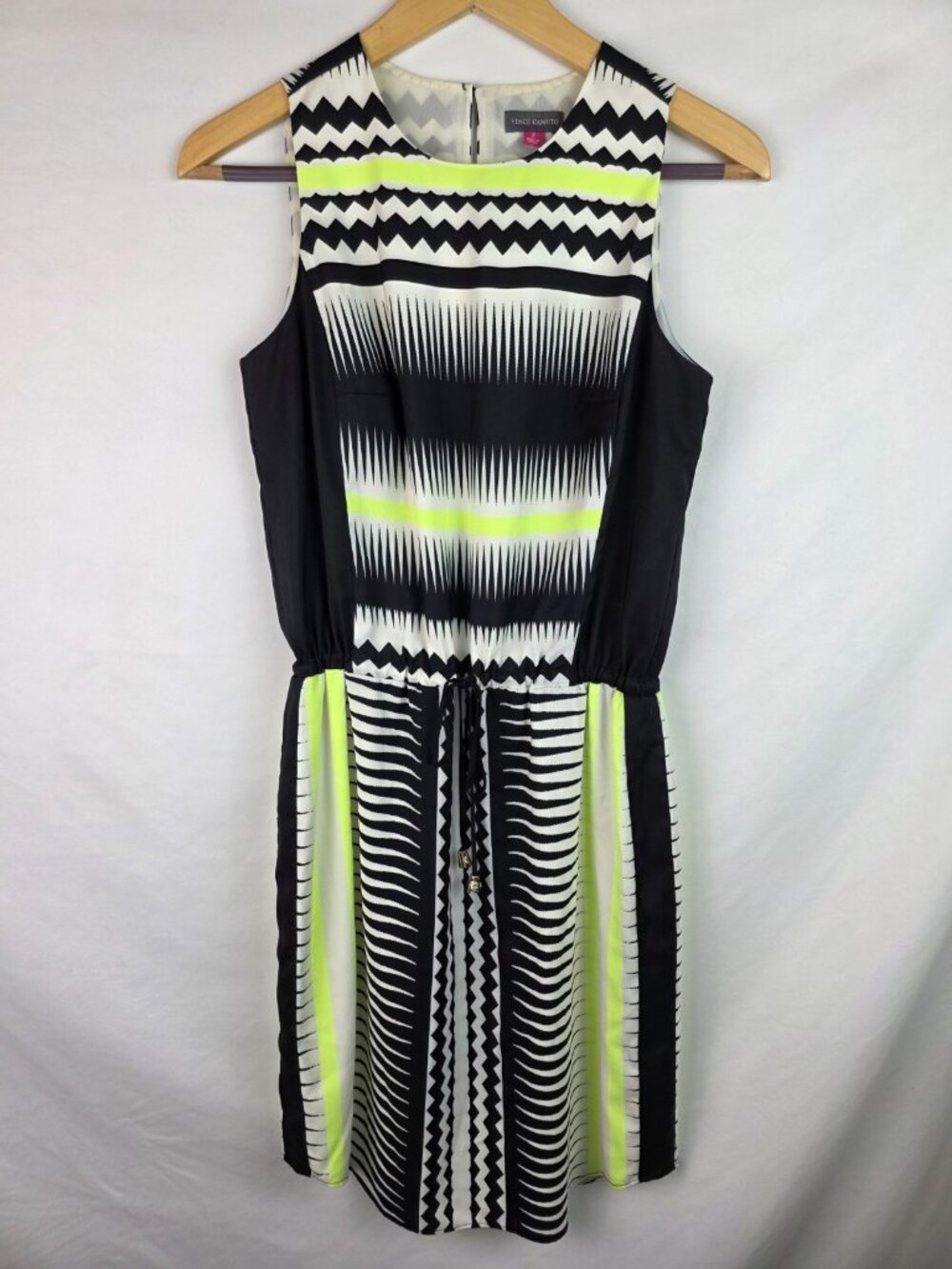Vince Camuto Womens Dress Size 2 Black Striped Sleeveless Dress Drawstring Waist